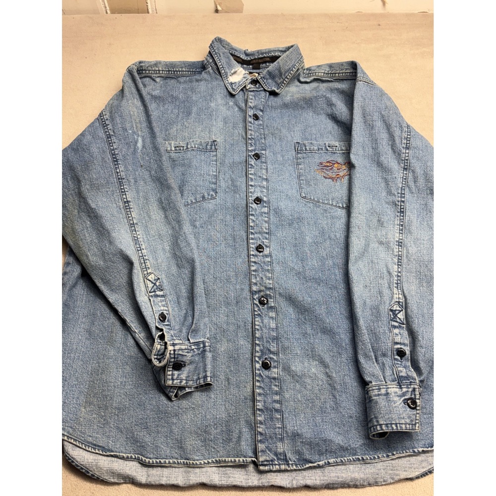 Harley Davidson Mens XXL Denim Button Down Shirt Light Wash Distressed Biker